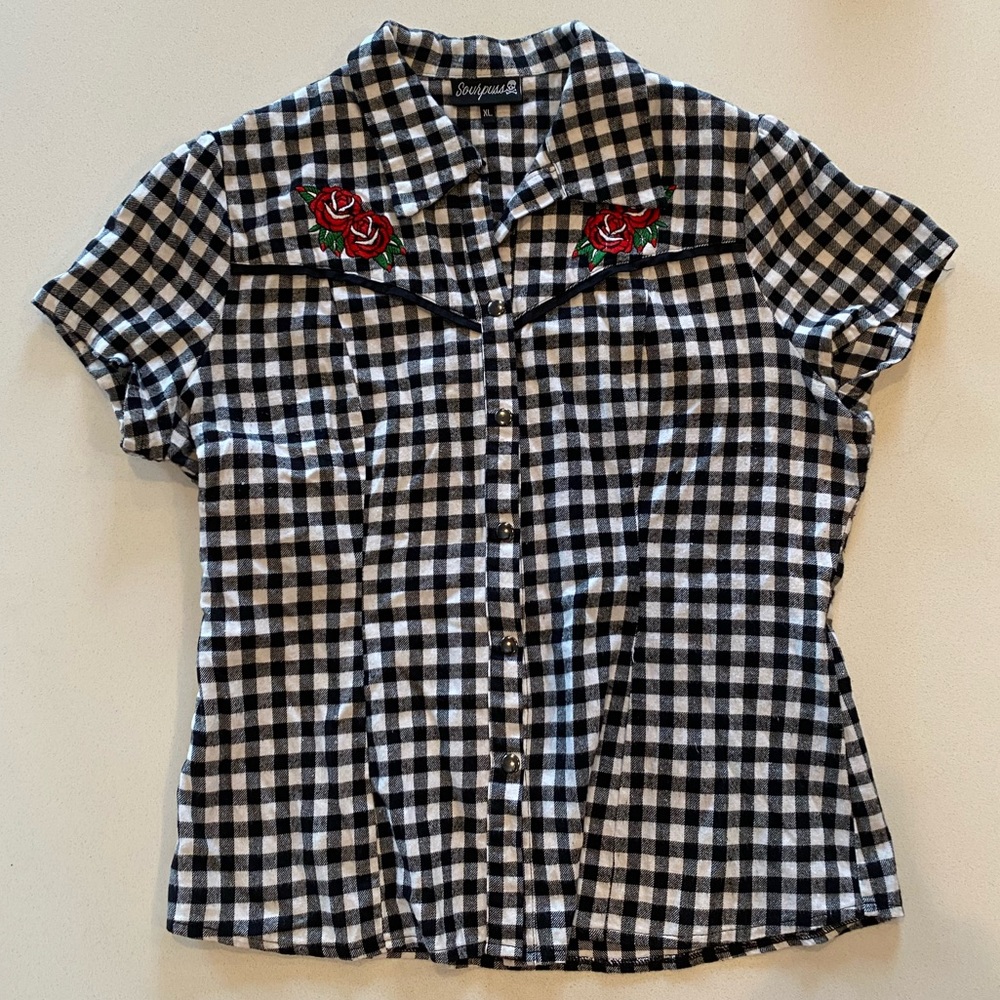 Sourpuss black & white gingham button up shirt.